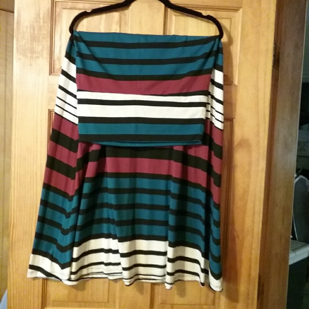 Black, White, Teal & Burgundy Striped Maxi Skirt